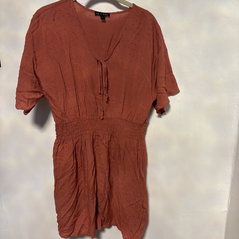 AS U WISH White Textured Smocked‎ Waist Mini Dress.